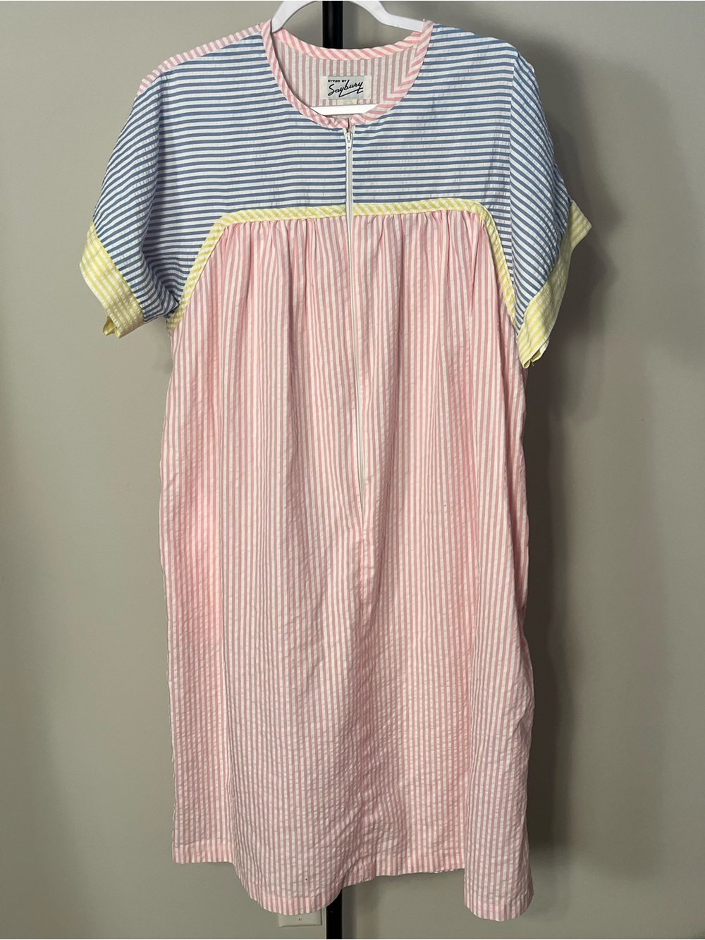 Seersucker Striped Mumu House Dress - Pink & Blue with Yellow Trim Medium